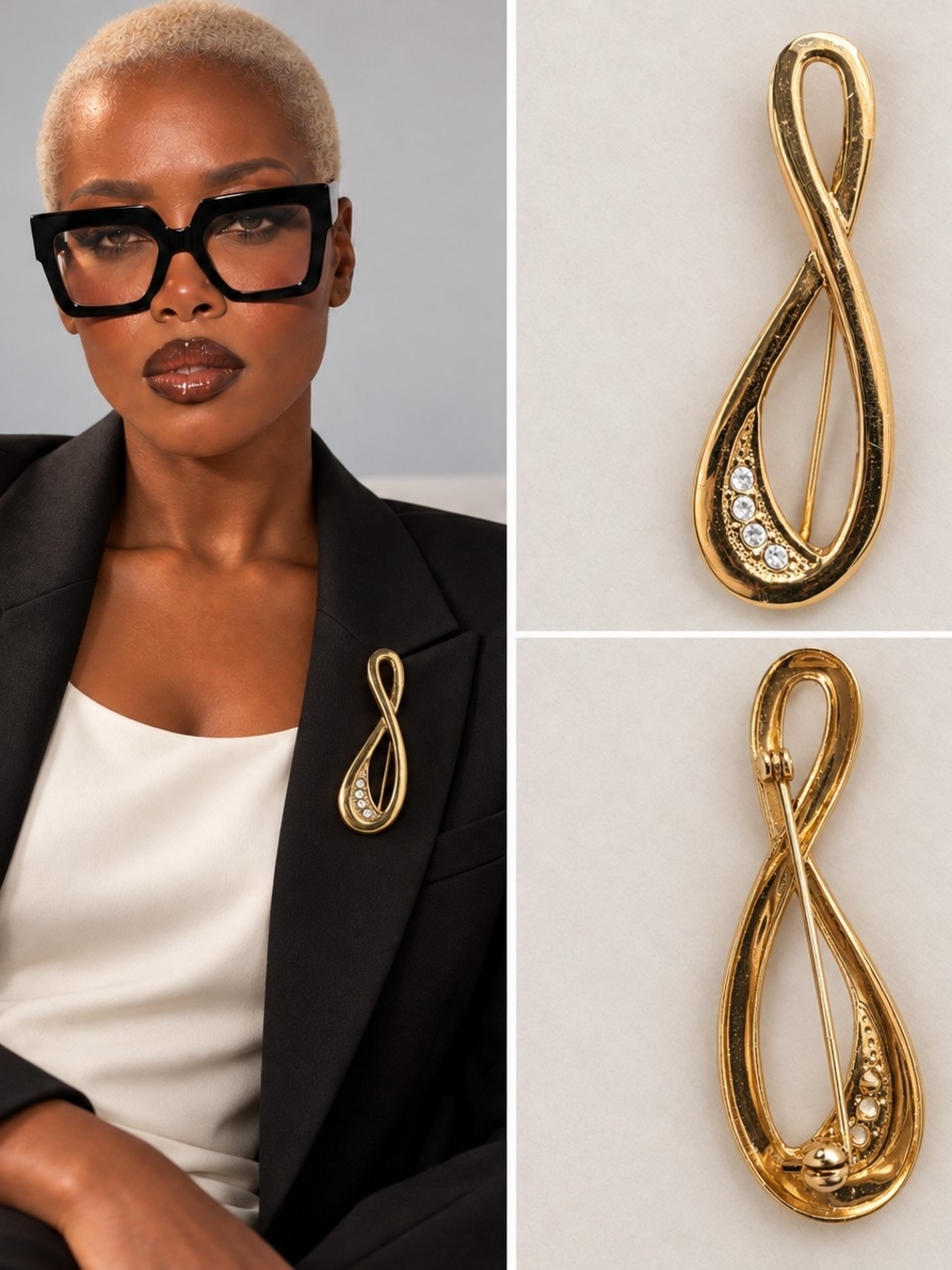 Gold-Tone Infinity Ribbon Brooch with Clear Rhinestones